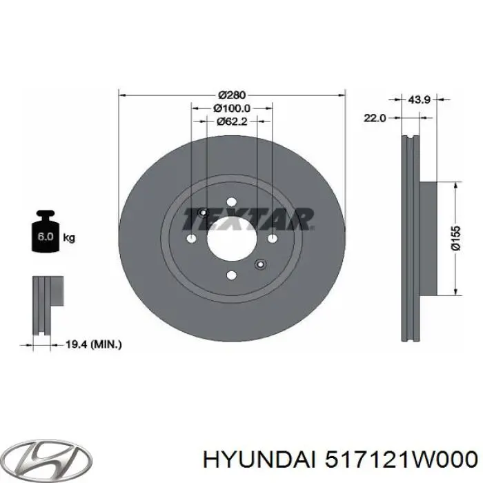 Диск гальмівний передній 517121W000 Hyundai/Kia