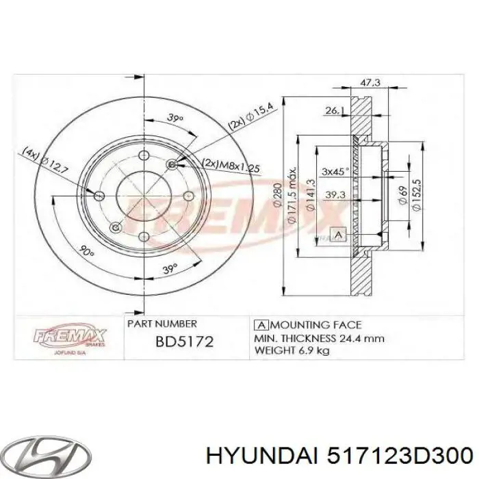 Диск переднього гальма Hyundai/Kia 517123D300 ціна, від 36.74 USD