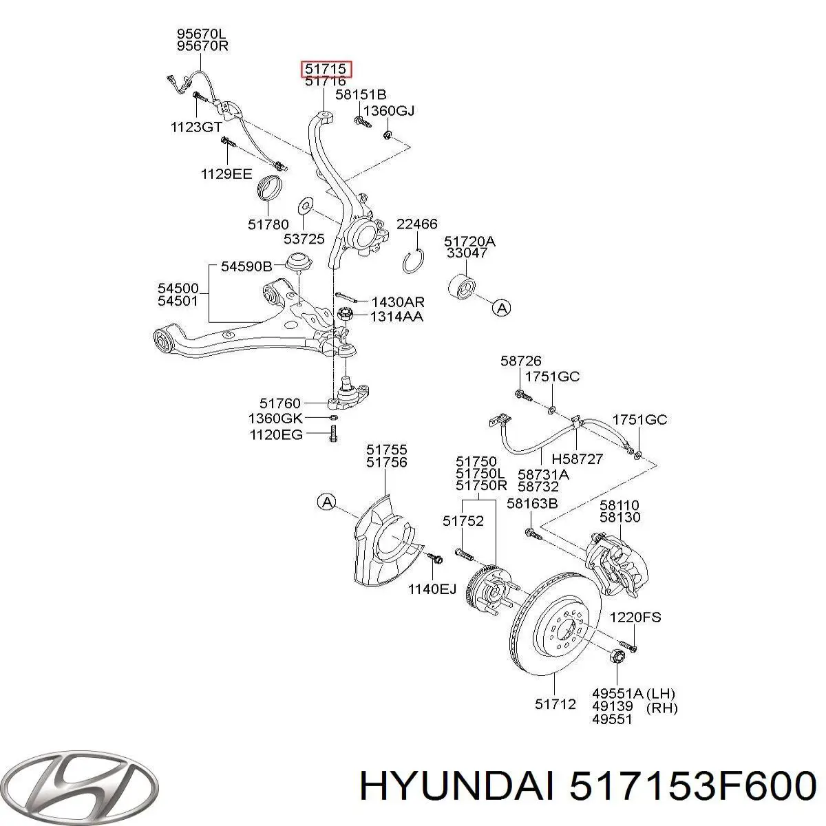 517153F600 Hyundai/Kia цапфа - поворотний кулак передній, лівий