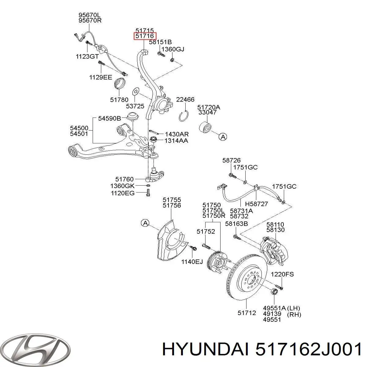 Кулак поворотний передній правий Hyundai/Kia 517162J002 ціна, від 394.51 USD
