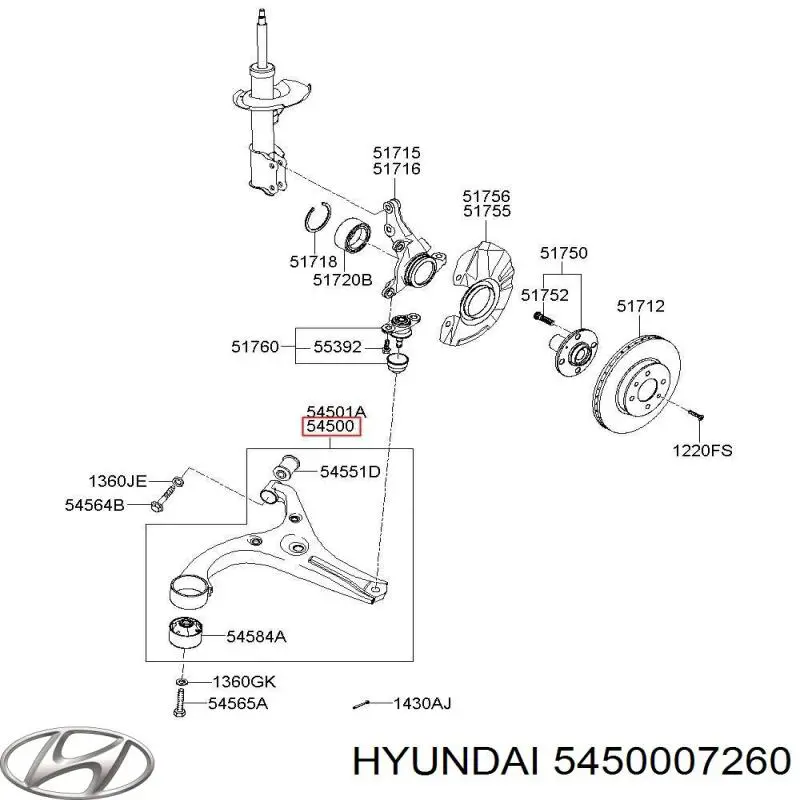 Важіль передньої підвіски нижній, лівий 5450007260 Hyundai/Kia