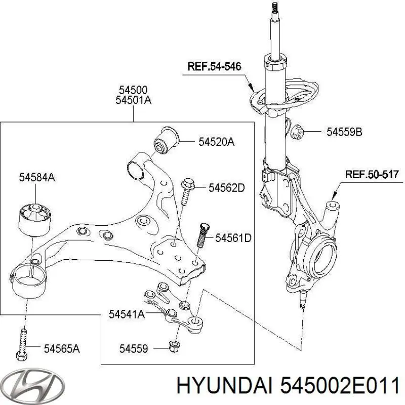 Важіль передньої підвіски нижній, лівий 545002E011 Hyundai/Kia