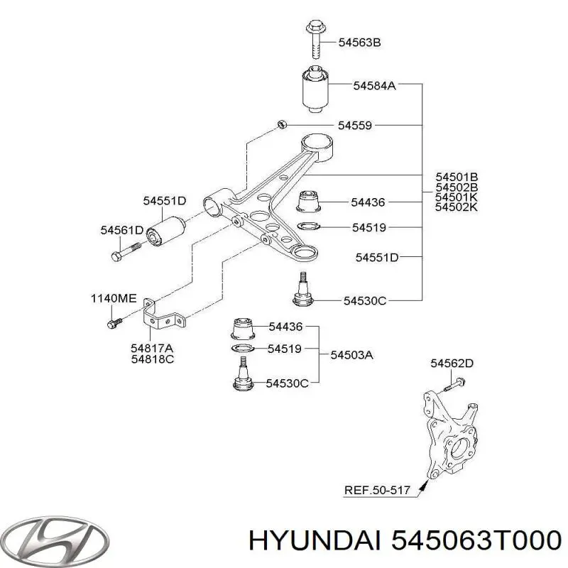 545063T000 Hyundai/Kia Важіль передньої підвіски нижній, правий