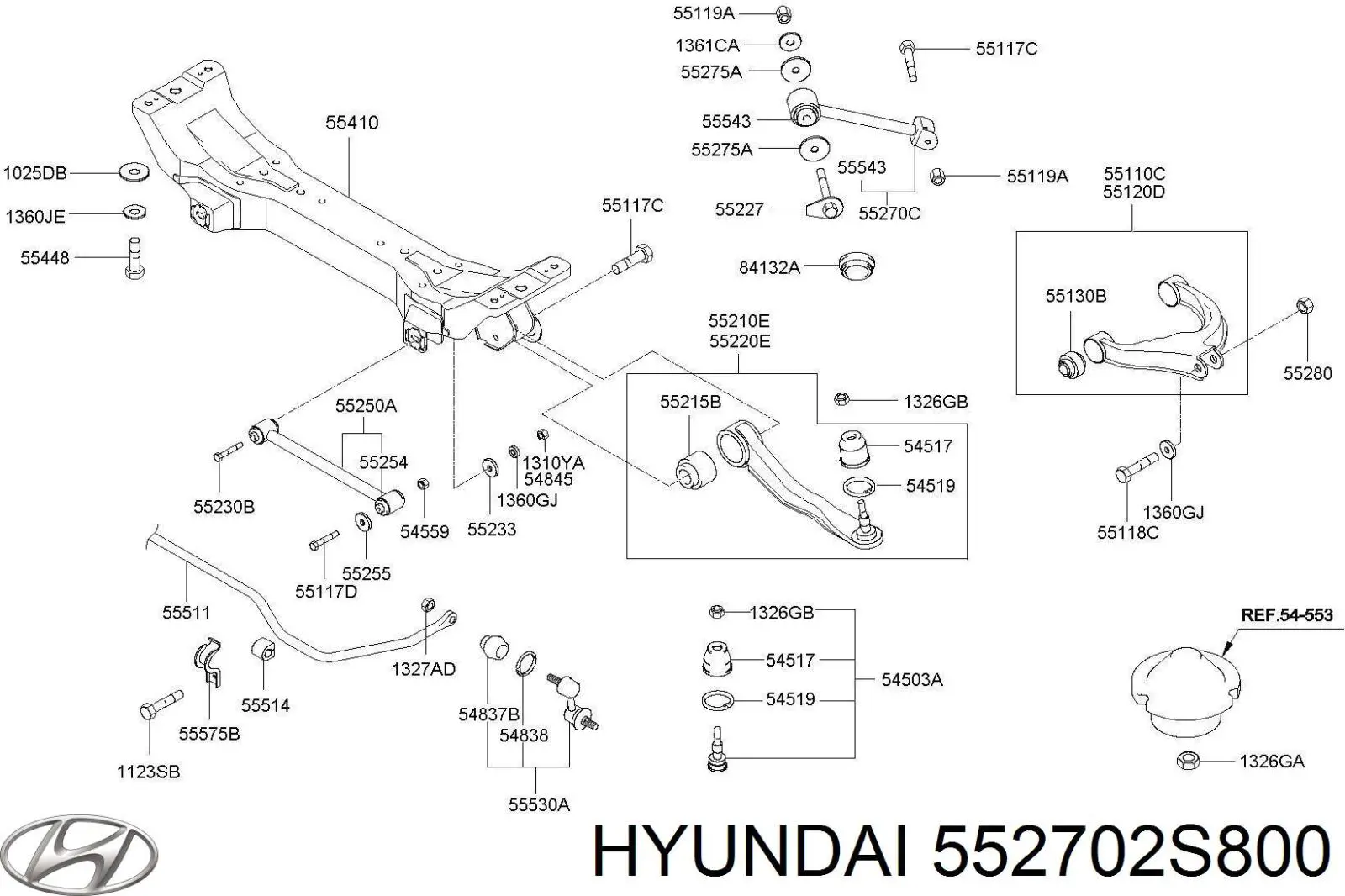 552702S800 Hyundai/Kia Важіль/тяга задньої підвіски подовжній нижній, лівий