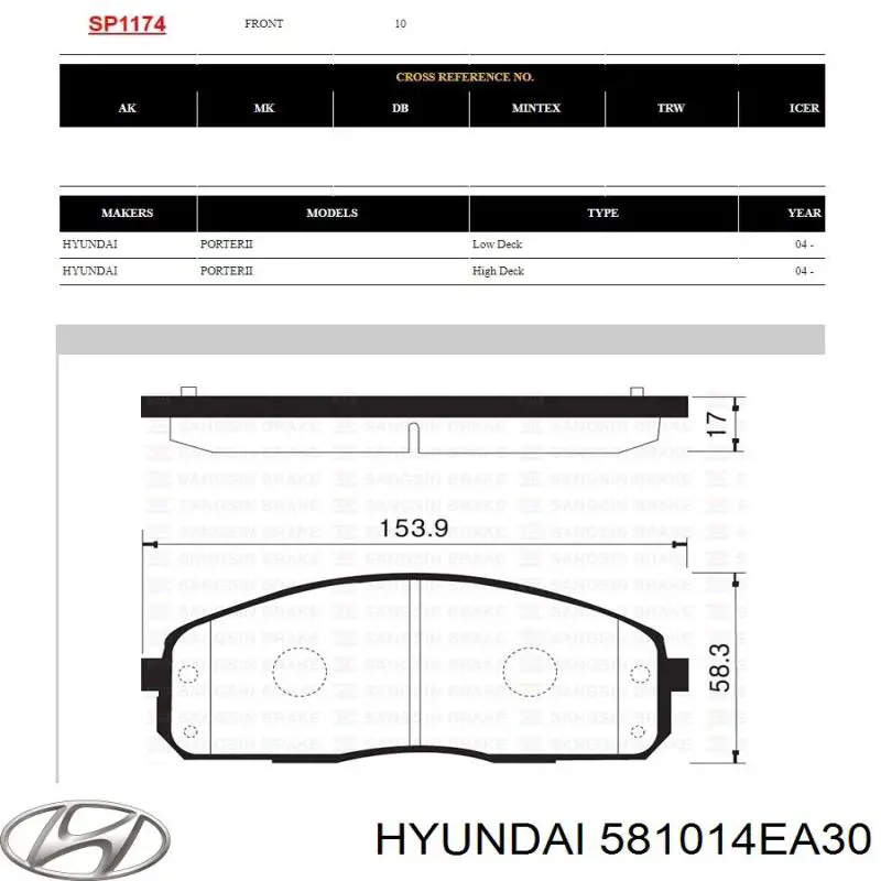 Гальмівні колодки Hyundai/Kia 581014EA30 ціна, від 19.62 USD