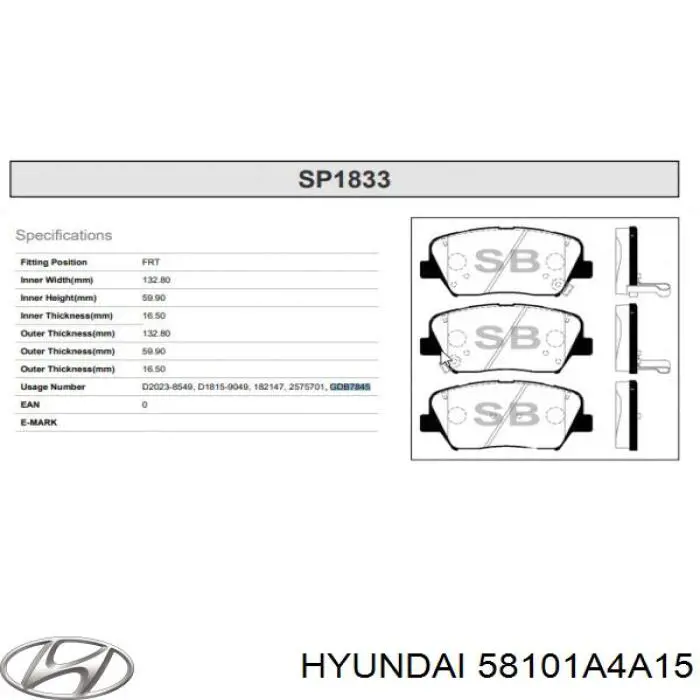 Колодки гальмівні передні, дискові 58101A4A15 Hyundai/Kia