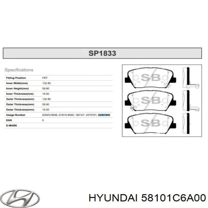 Передні тормозні колодки 58101C6A00 Hyundai/Kia