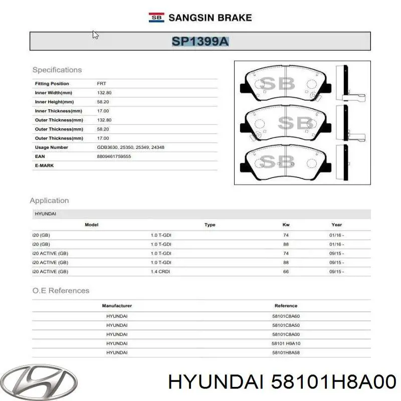 Гальмівні колодки Hyundai/Kia 58101H8A00 ціна, від 21.05 USD