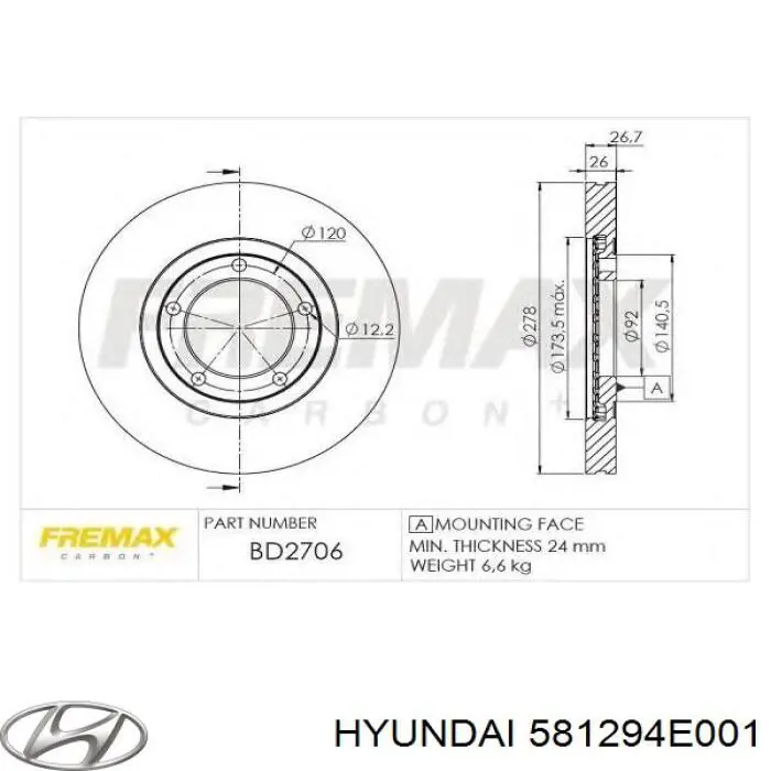 Диск переднього гальма Hyundai/Kia 581294E001 ціна, від 42.29 USD