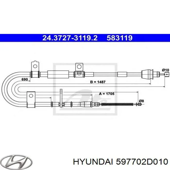 Трос ручного гальма задній, правий 597702D010 Hyundai/Kia