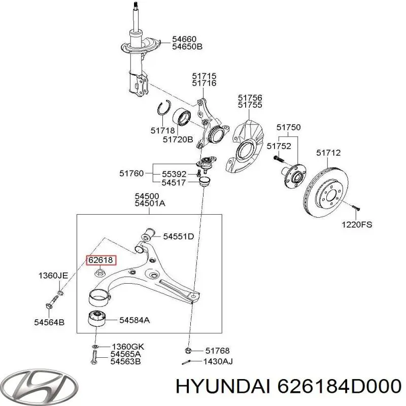 626184D000 Hyundai/Kia Гайка болта кріплення переднього важеля, нижнього