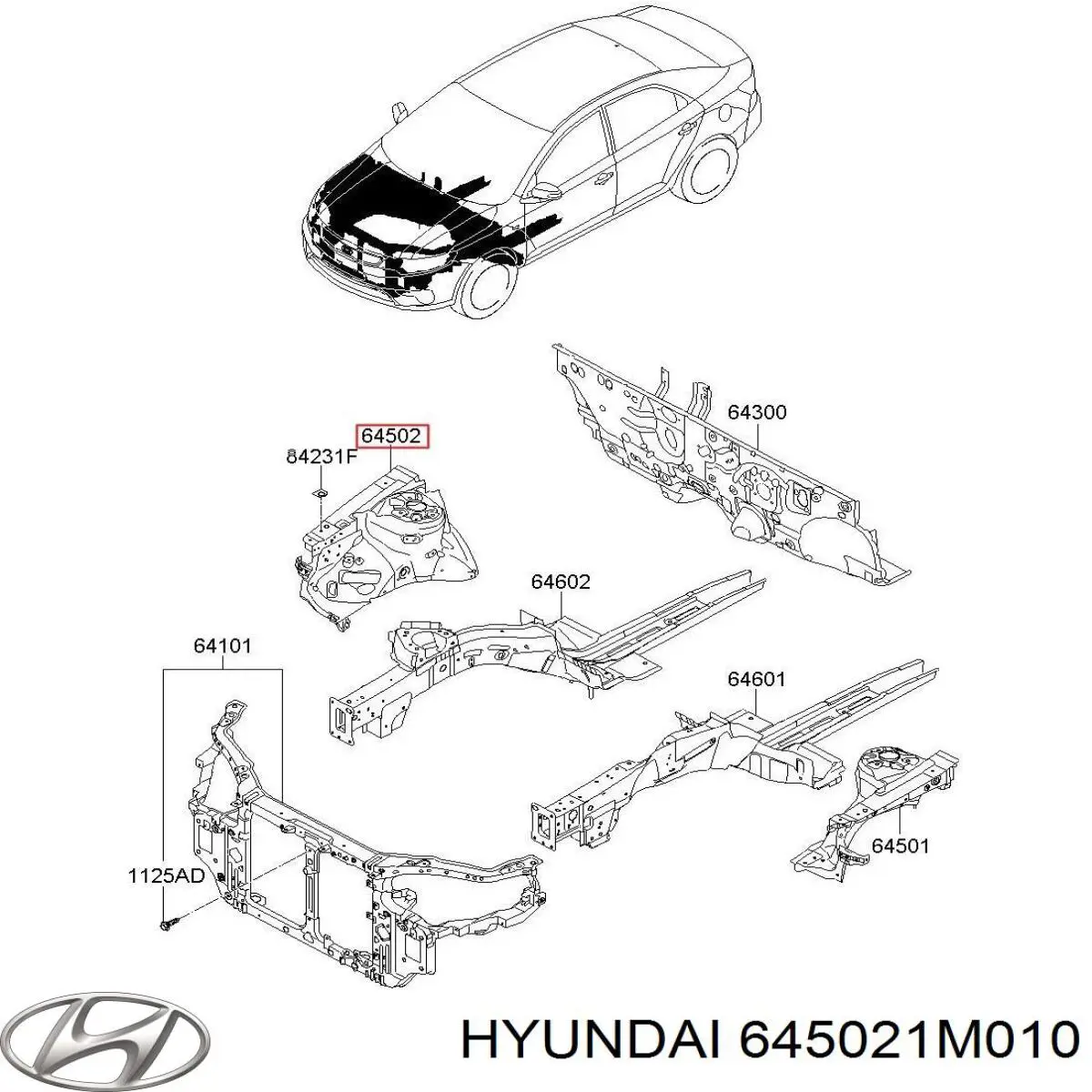 Панель бризковика (лонжерону) моторного відсіку, права Hyundai/Kia 645021M010 ціна, від 360.77 USD