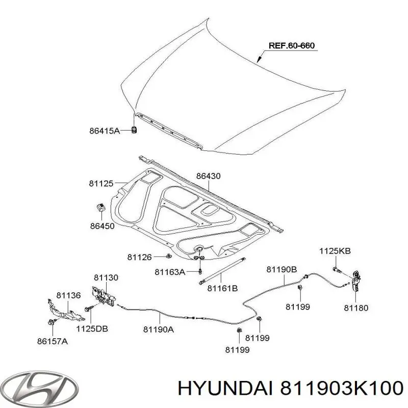 Трос відкриття капота, передній Hyundai Sonata (NF) (Хендай Соната)