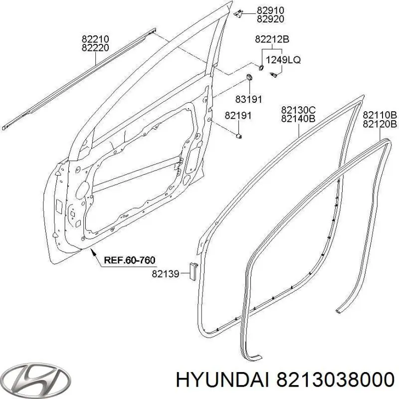 8213038000 Hyundai/Kia Ущільнювач дверей передніх, лівих (на двері)