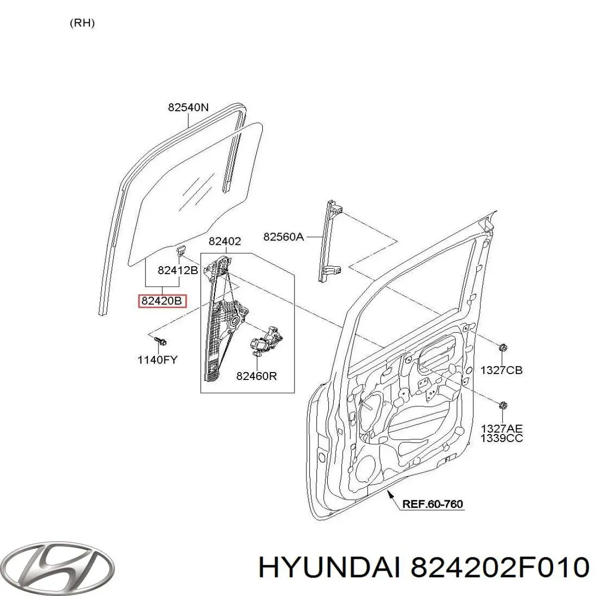 824202F010 Hyundai/Kia скло передніх дверей, правою