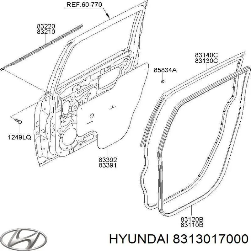 Ущільнювач двері задньої лівої (на двері) Hyundai Matrix (FC) (Хендай Матрікс)