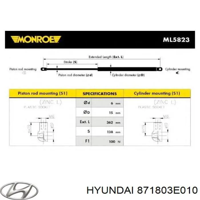 Амортизатор скла задніх, 3/5-ї двері (ляди) Hyundai/Kia 871803E010 ціна, від 4.39 USD