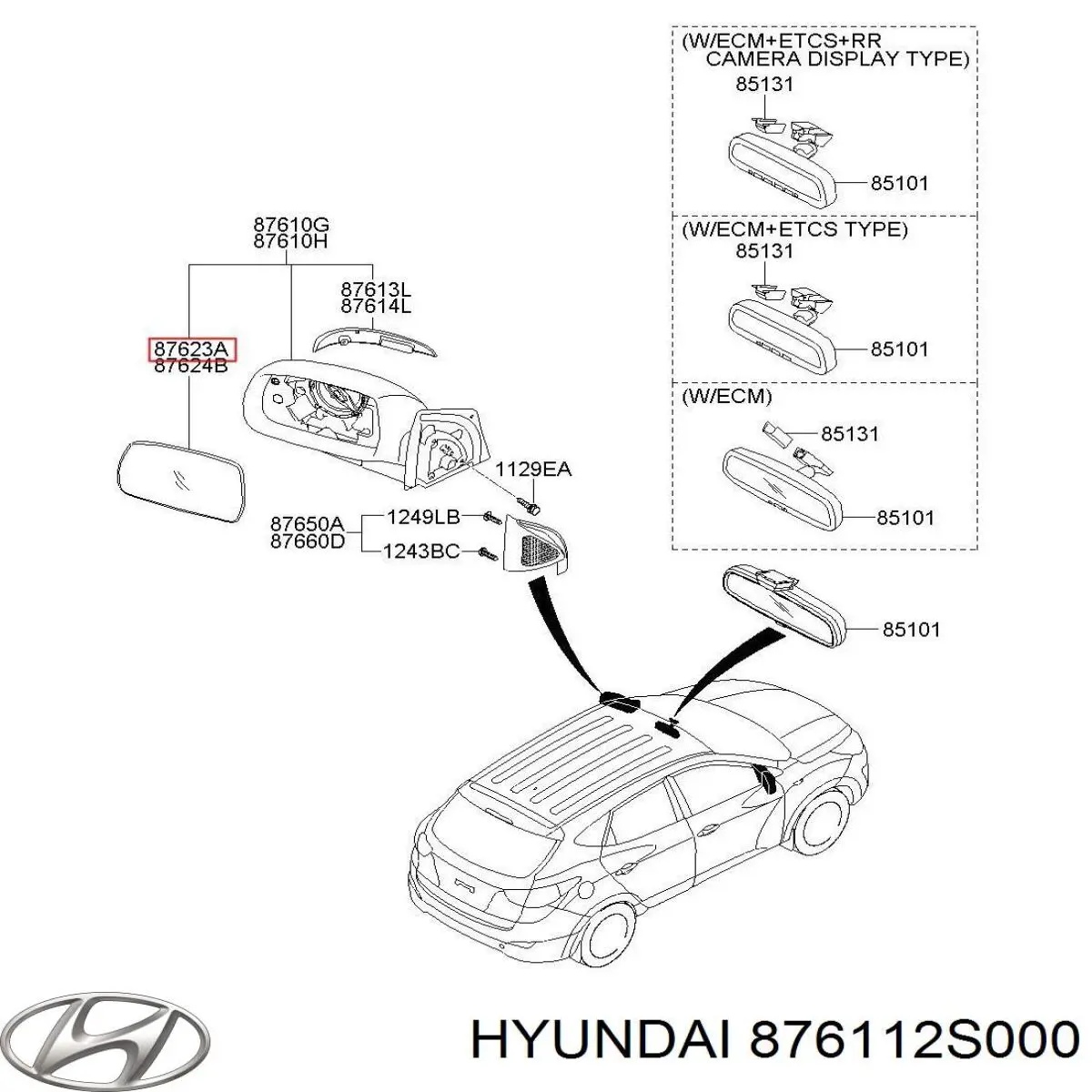 876112S200 Hyundai/Kia дзеркальний елемент дзеркала заднього виду, лівого