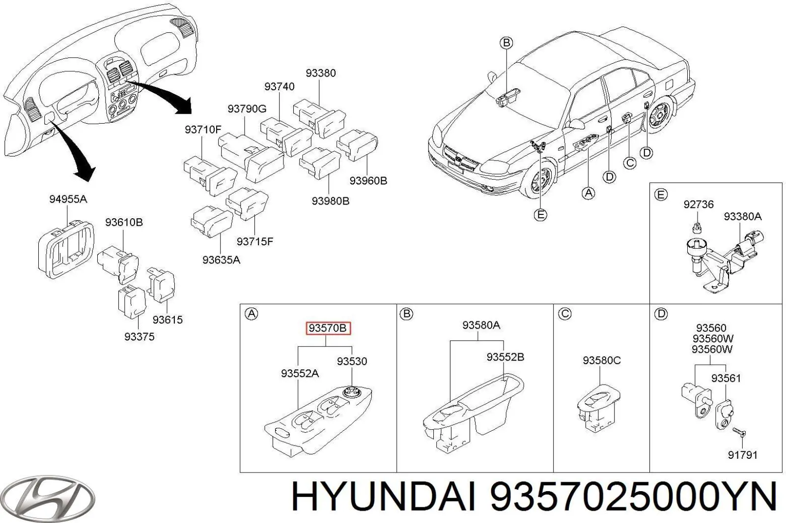 9357025000YN Hyundai/Kia Кнопки переднього лівого склопід'ємника