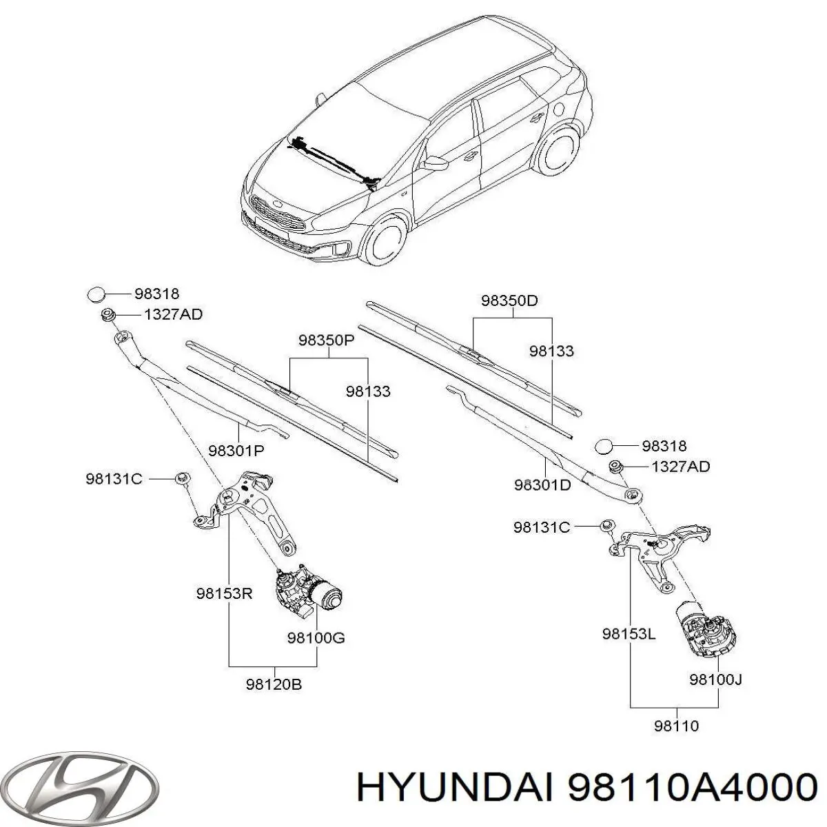 98110A4000 Hyundai/Kia Мотор склоочисника лобового скла, лівий