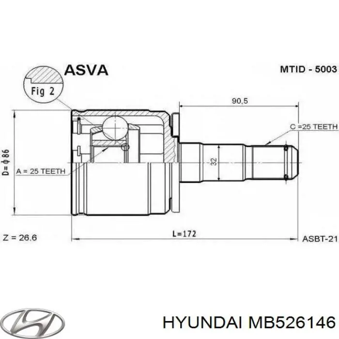 Hyundai/Kia шрус зовнішній передній, лівий