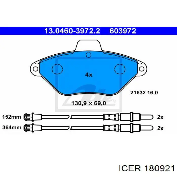 Колодки гальмівні передні, дискові 180921 Icer