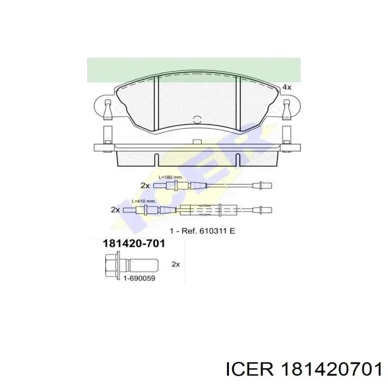 Колодки гальмівні передні, дискові 181420701 Icer