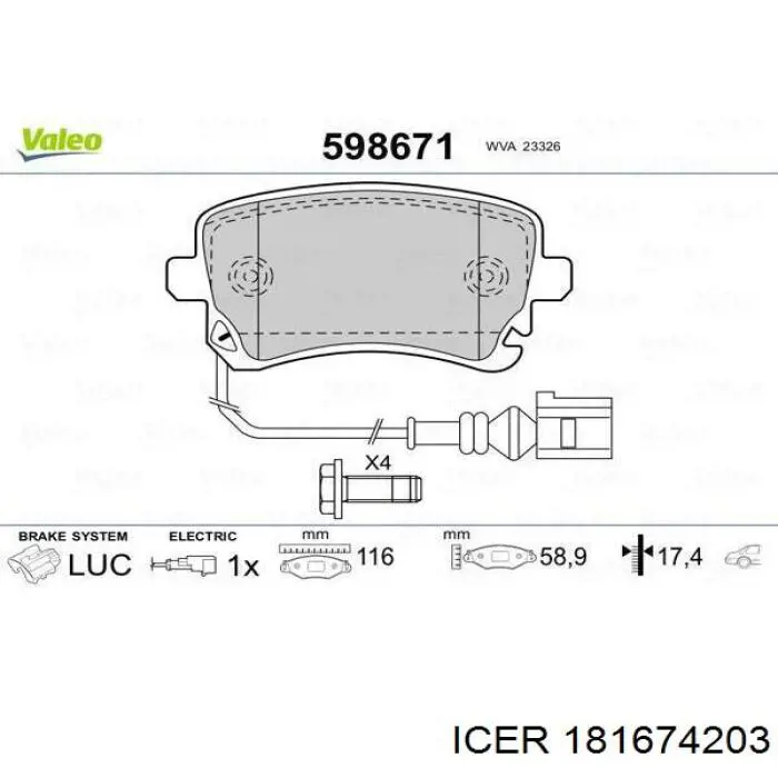 Задні гальмівні колодки 181674203 Icer