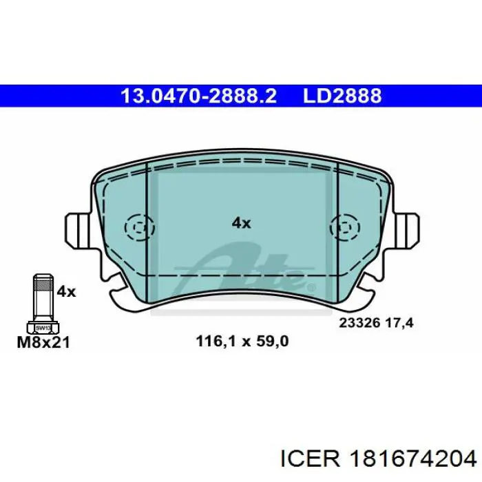 181674204 Icer Колодки гальмівні задні, дискові