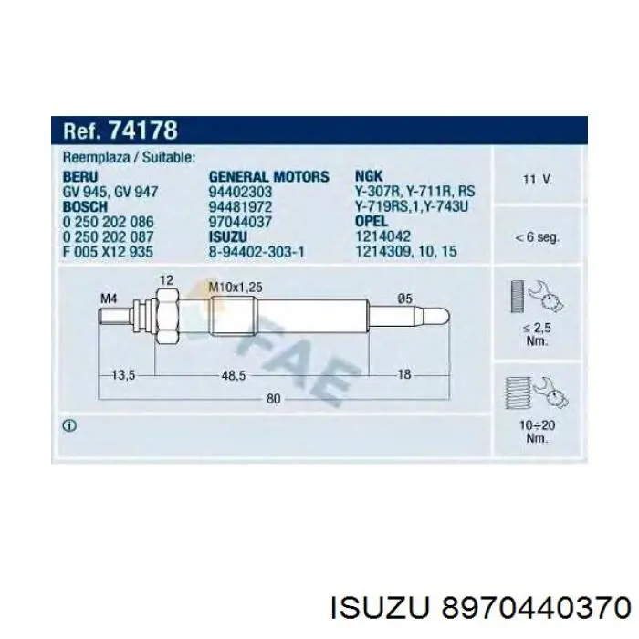 Свічка накалу 8970440370 Isuzu