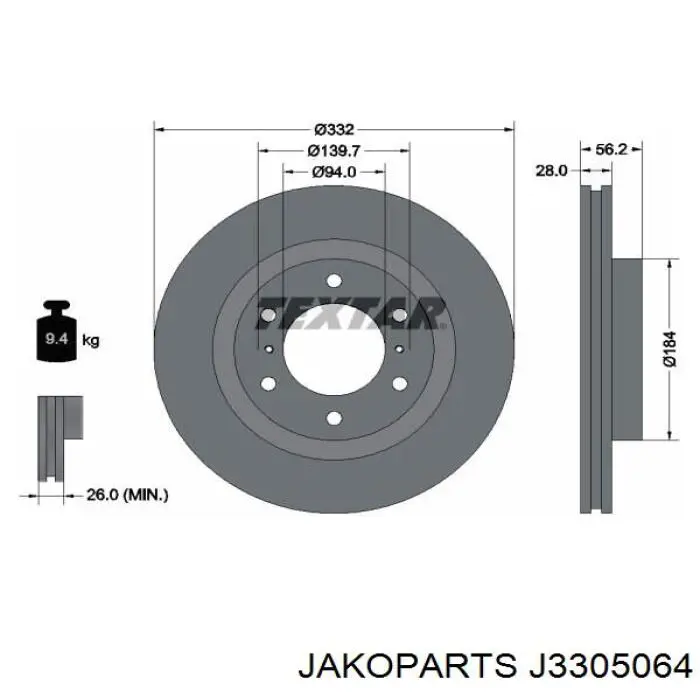 Диск переднього гальма Jakoparts J3305064 ціна, від 29.83 USD