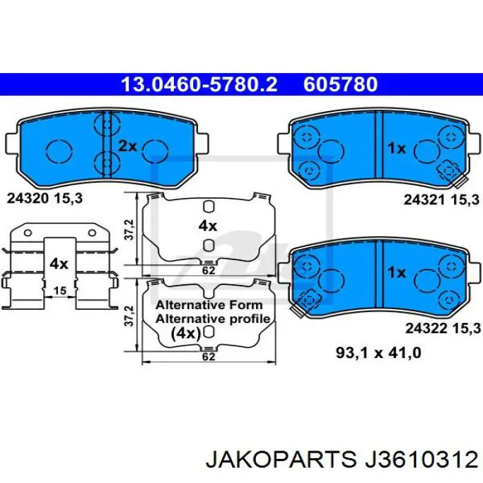 Задні гальмівні колодки Jakoparts J3610312 ціна, від 14.62 USD