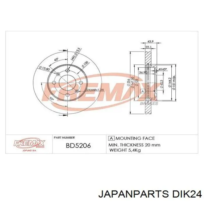 Диск гальмівний передній Japan Parts DIK24