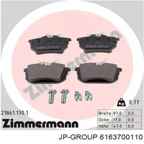 Задні гальмівні колодки JP Group 6163700110 ціна, від 13.13 USD