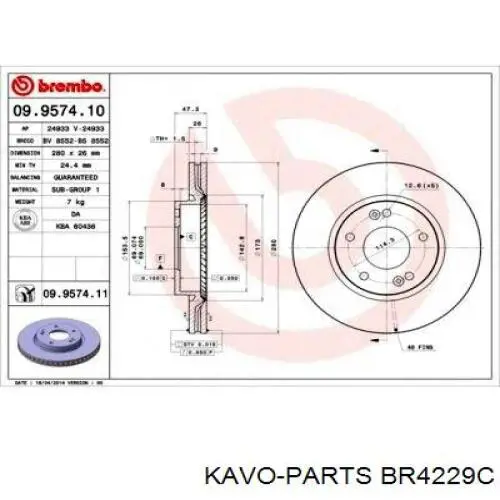 Диск переднього гальма Kavo Parts BR4229C ціна, від 40.18 USD