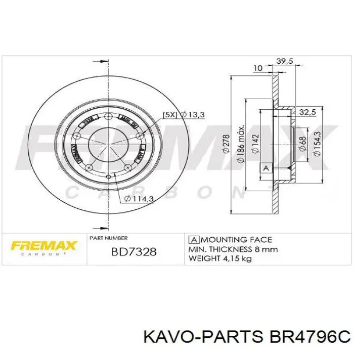 Диск гальмівний задній Kavo Parts BR4796C