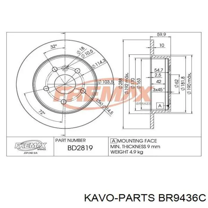 Диск гальмівний задній Kavo Parts BR9436C