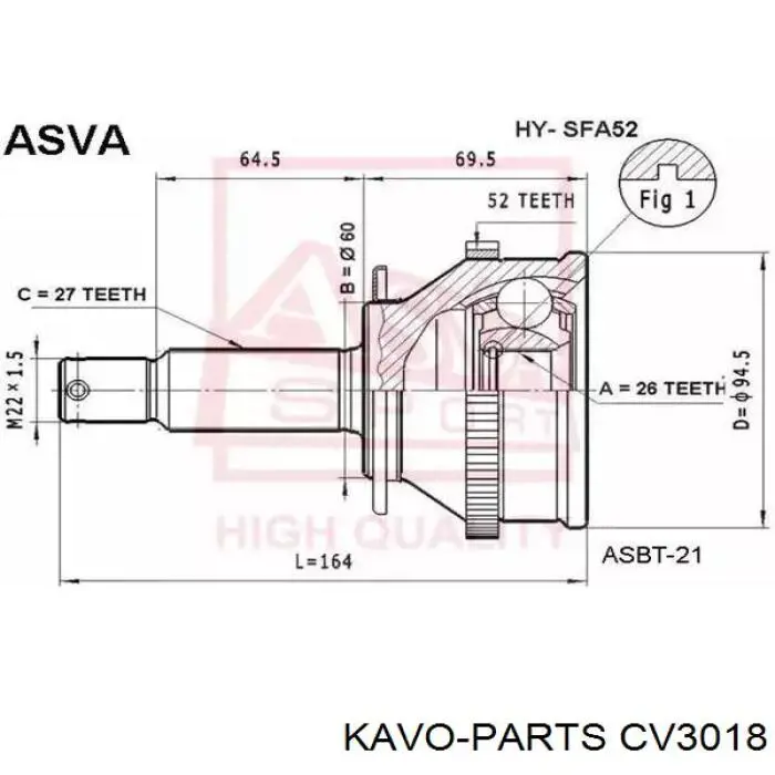 Шарнір різних кутових швидкостей передній лівий Kavo Parts CV3018