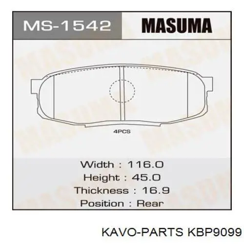 Задні гальмівні колодки KBP9099 Kavo Parts