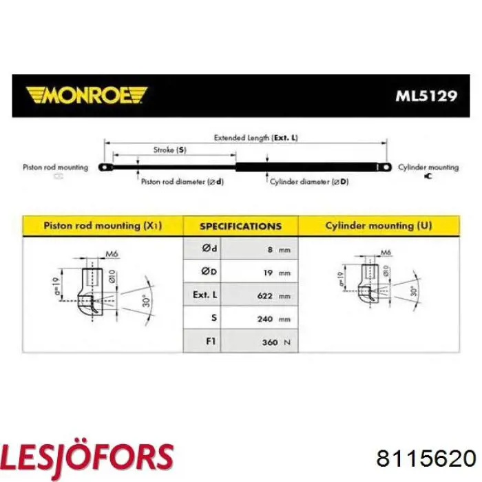 Амортизатор двері задньої Lesjofors 8115620 ціна, від 9.19 USD