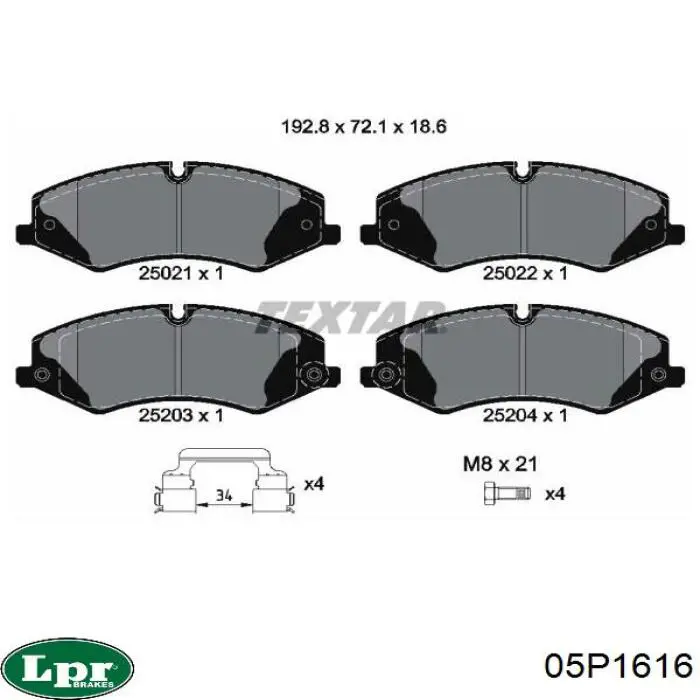 Купити 05P1616 LPR Колодки гальмівні передні, дискові