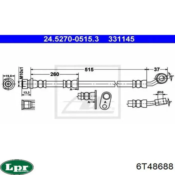 Шланг гальмівний передній, лівий LPR 6T48688 ціна, від 12.95 USD