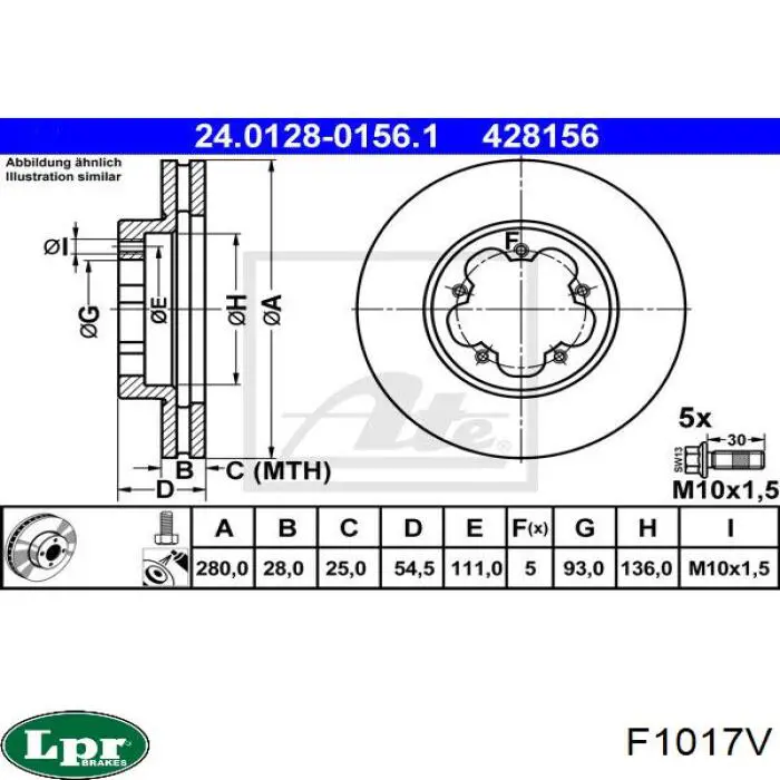 Диск переднього гальма LPR F1017V ціна, від 47.50 USD