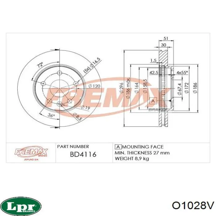 Диск гальмівний передній LPR O1028V