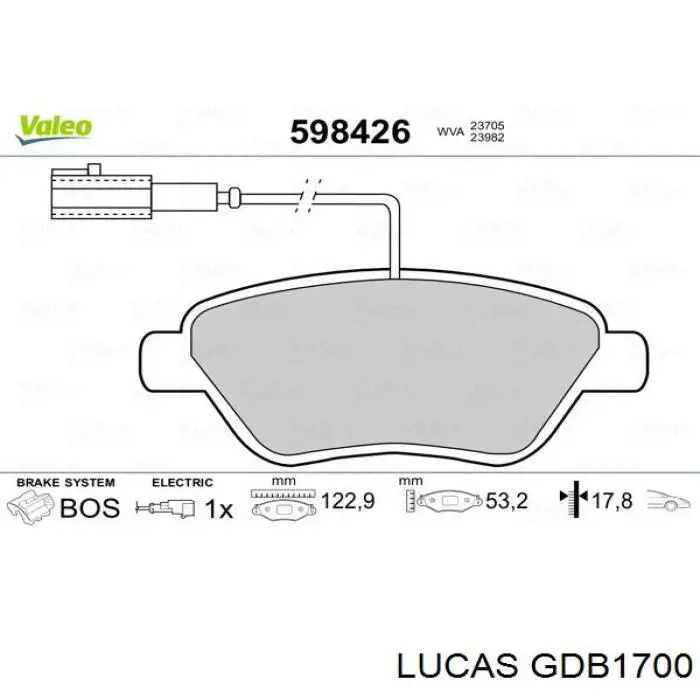 GDB1700 Lucas колодки гальмівні передні, дискові