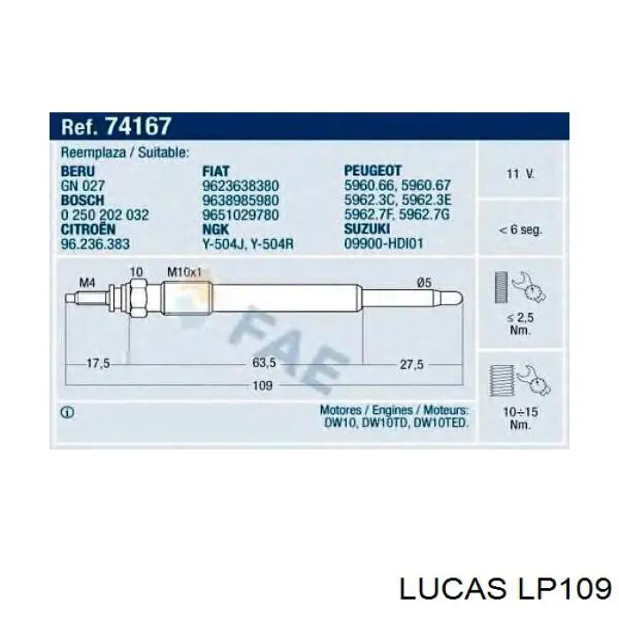Свічки запалювання Lucas LP109