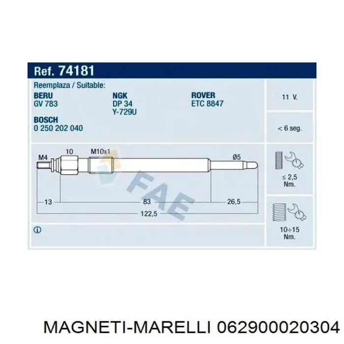 062900020304 Magneti Marelli свічка накалу