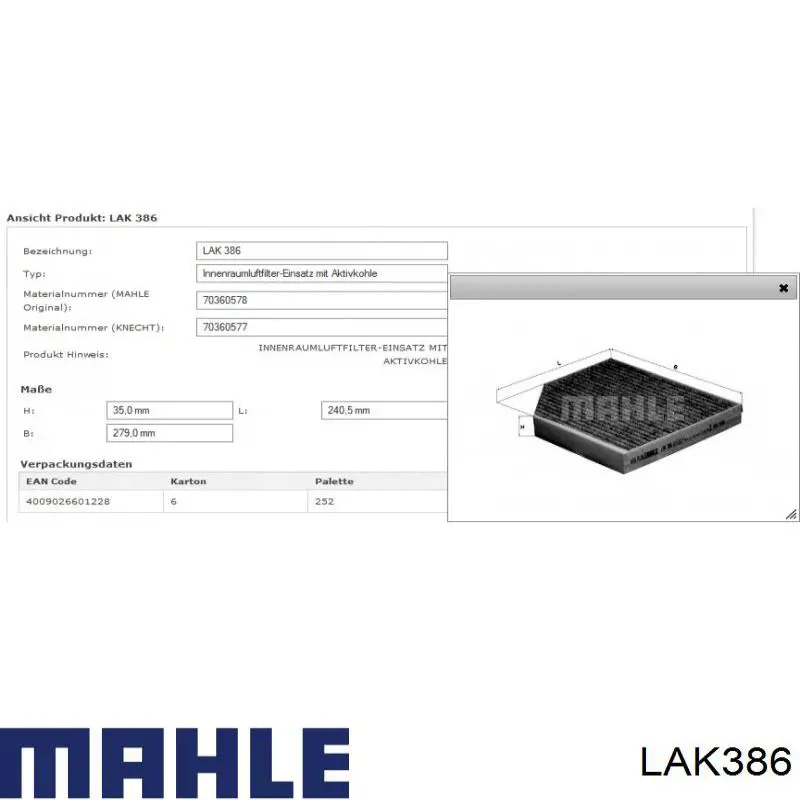 Купити LAK386 Mahle Original Фільтр салону вугільний