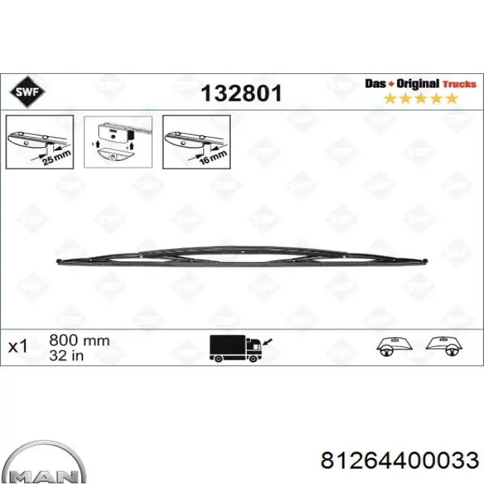 Щітка-двірник лобового скла, водійська MAN 81264400033 ціна, від 24.69 USD