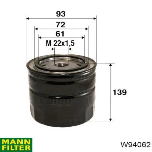 Масляний фільтр двигуна Mann-Filter W94062 ціна, від 7.31 USD